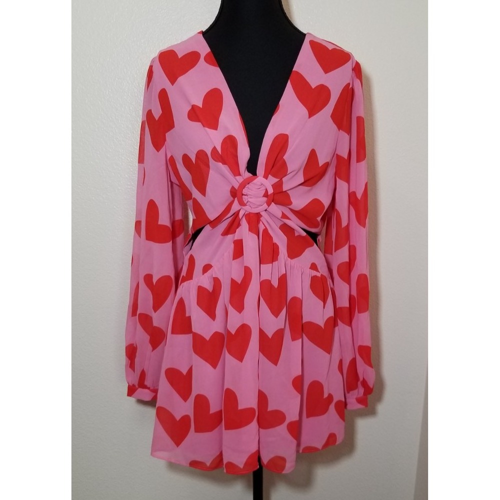 Style Cheat Balloon Sleeve Mini Dress Red Pink Hearts Womens Size 6 Retro NWT
